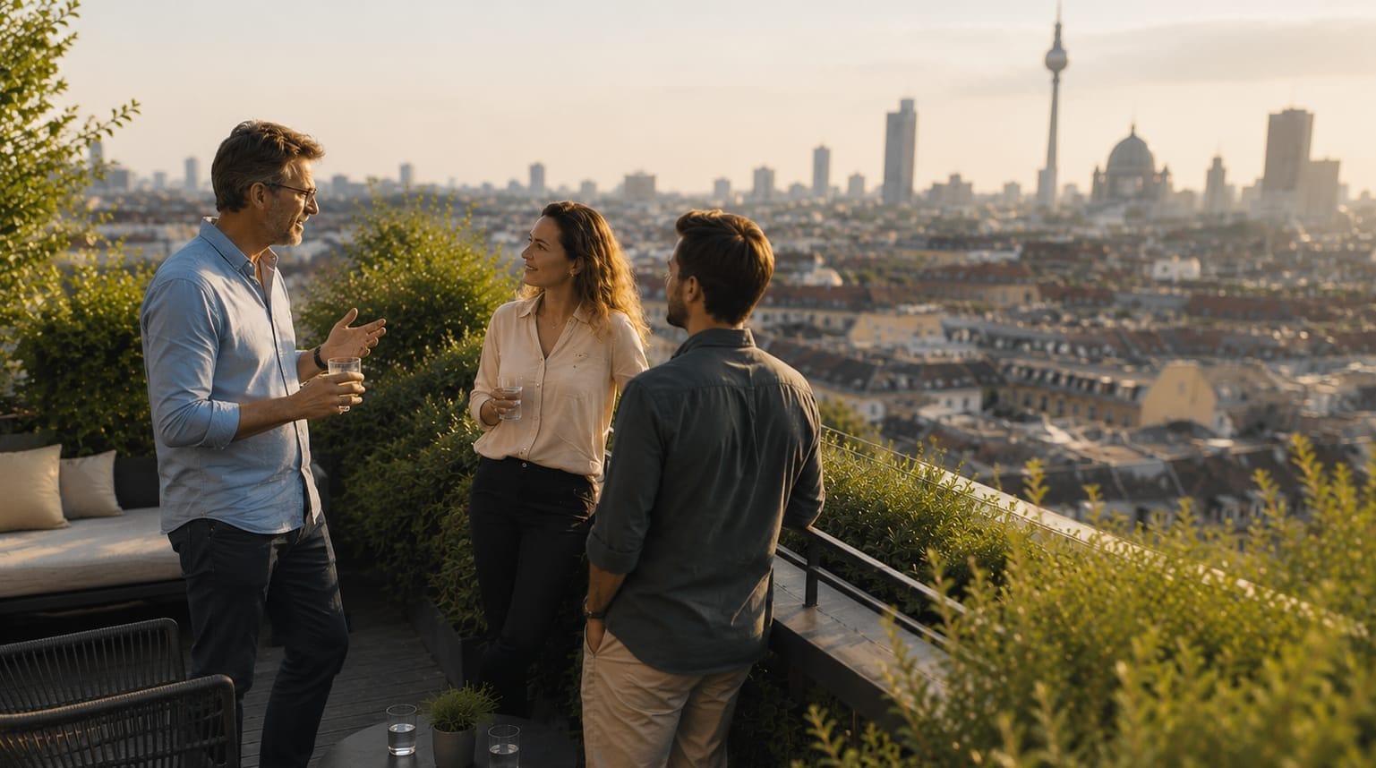 Business Coaching in Berlin mit mehreren Menschen auf einer Dachterrasse über der Stadt