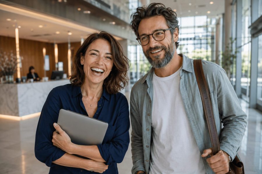 Business Coaching-Ausbildung in Berlin für Ihren Weg zum Business Coach Business Coaching-Ausbildung in Berlin: Mann und Frau stehen gut gelaunt im Foyer eines Bildungsgebäudes, die Frau mit Laptop und der Mann mit Tasche