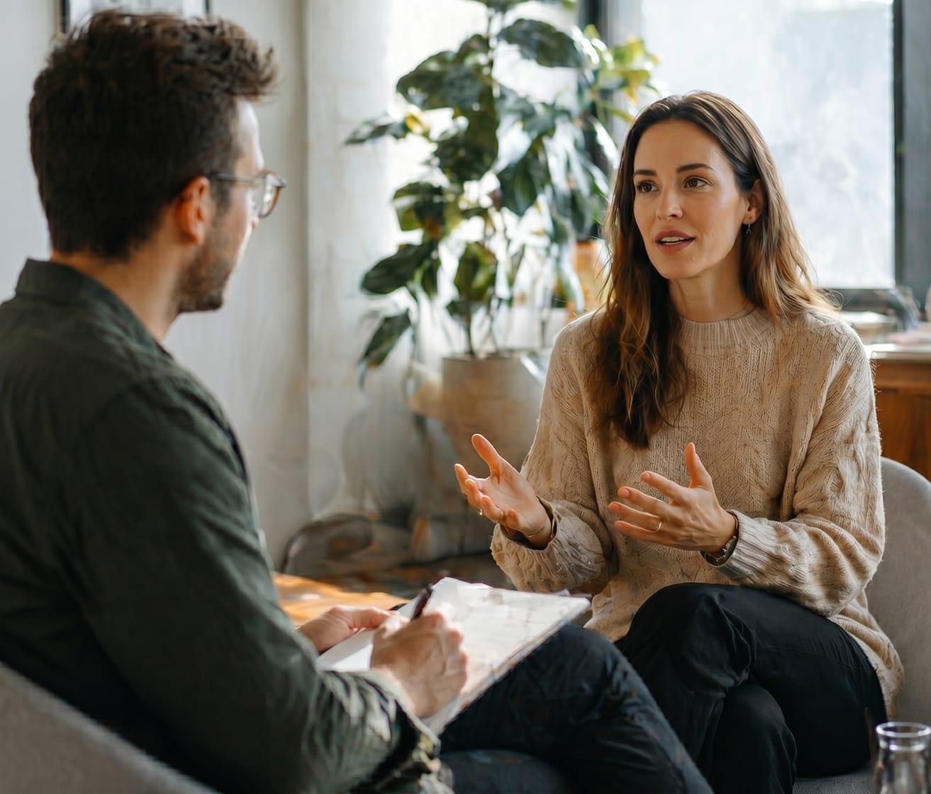 Coaching-Ausbildung mit individueller Begleitung: Frau im 1:1 Gespräch mit einem Coach, der sich Notizen macht