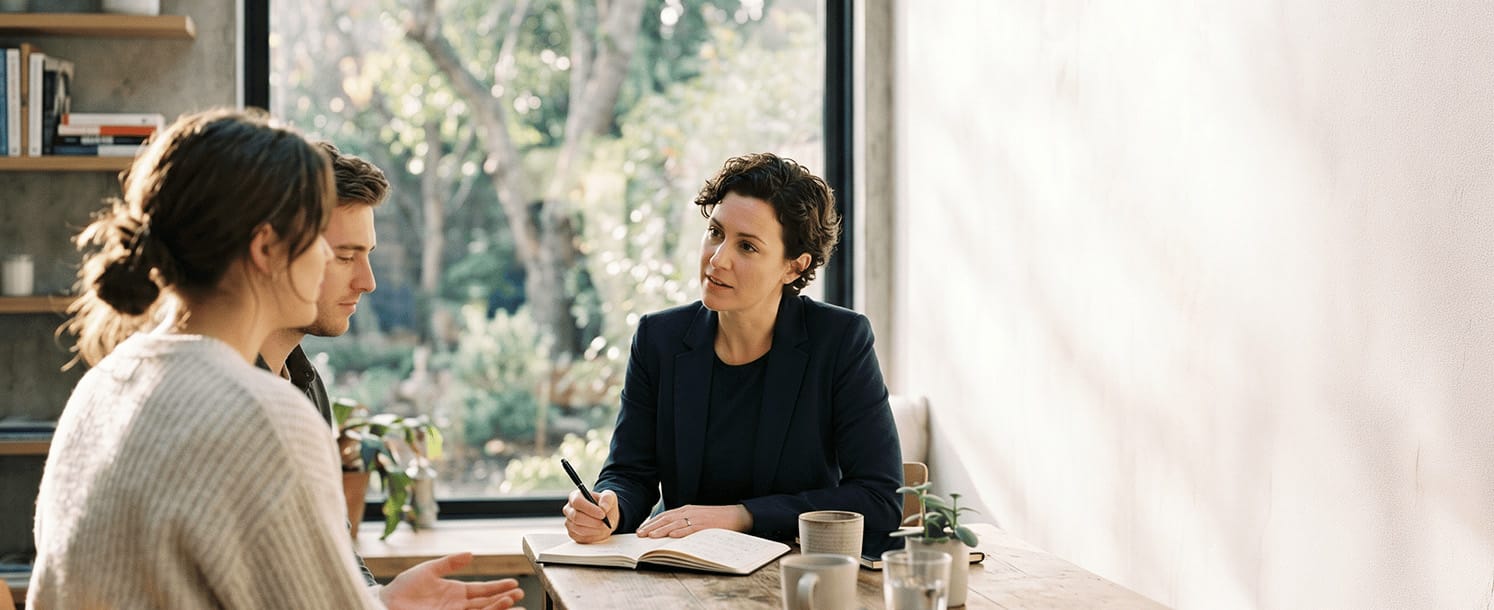 Coaching-Ausbildung für zukünftige Coaches: Frau im Gespräch mit zwei jüngeren Personen am Tisch und Notizen im Notizbuch