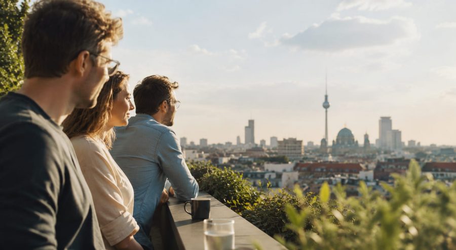 Seminar KI für Führungskräfte mit Weitblick über Berlin KI für Führungskräfte: drei Personen stehen auf einem Balkon und blicken über Berlin in die Ferne