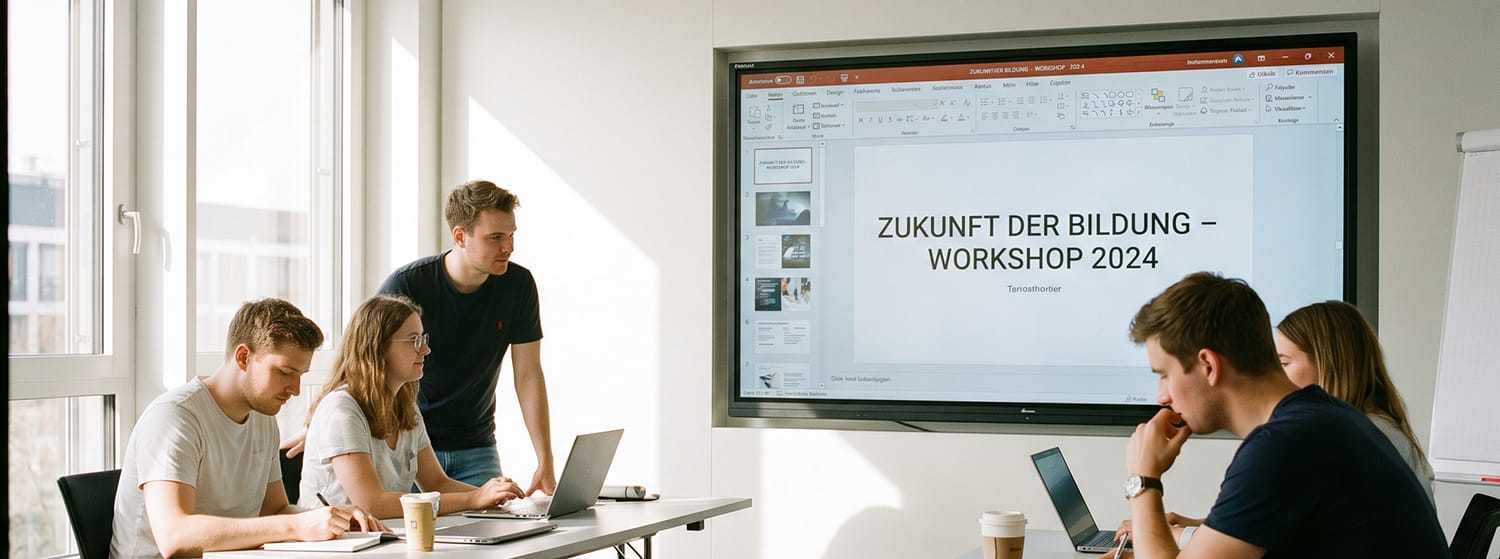 KI für Führungskräfte als Werkzeug für Analyse, Kommunikation und Umsetzung KI für Führungskräfte: mehrere Personen in einem Raum mit großer digitaler Präsentationswand zum Einsatz von KI in Führung und Kommunikation