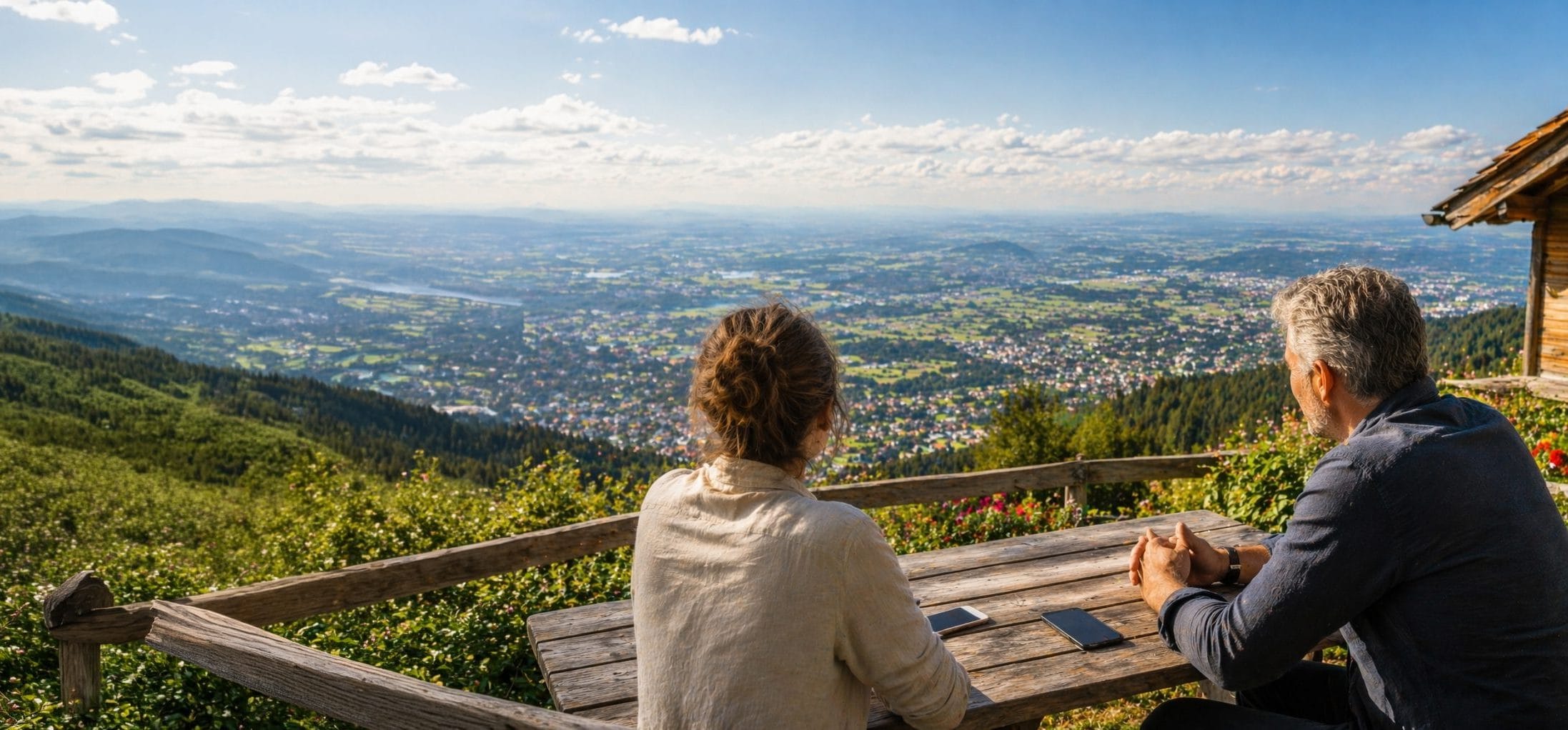 Leadership Coaching für Führungskräfte und C-Level mit Weitblick: Mann und Frau sitzen an einem Tisch auf einem Berg und blicken in die Ferne