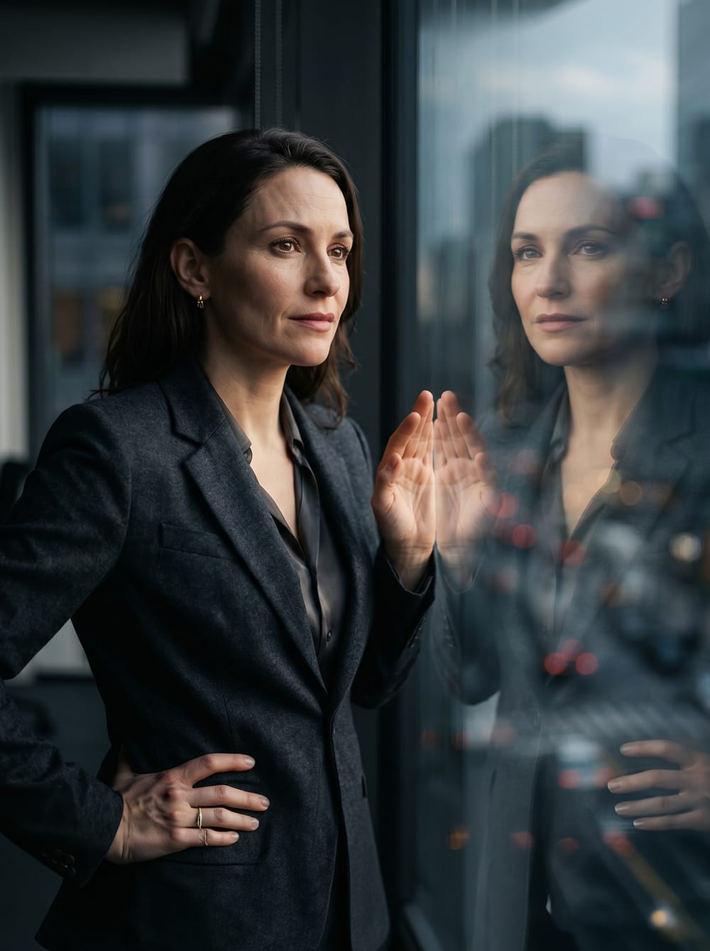 Nachdenkliche Frau im Business-Dress an einer Fensterfront als Symbol für Exzellenz, Vertraulichkeit und Reflexion im Leadership Coaching