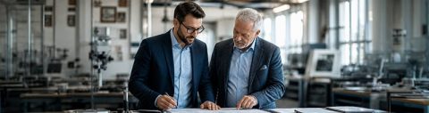 Leadership Training für den Mittelstand: älterer und jüngerer Mann in Business-Kleidung besprechen Unterlagen in einem Betrieb mit Maschinen im Hintergrund