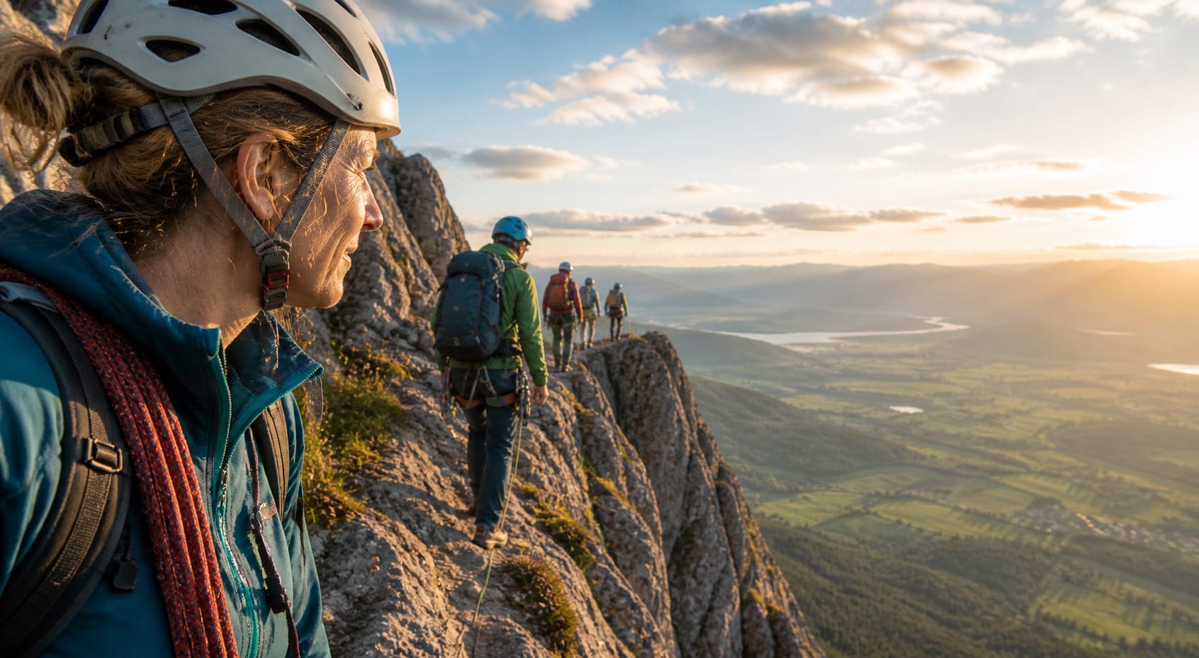 Leadership Training für Menschen und Teams im Wandel: Bergsteiger auf dem Weg zum Gipfel mit Weitblick auf eine sonnenbeschienene Ebene
