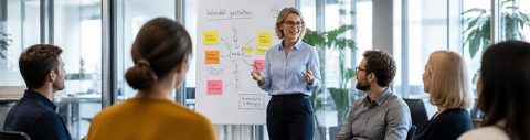 Leadership Workshop zum Wandel: Frau hält ein Seminar am Flipchart vor vielen Zuhörern in einem modernen Büroraum