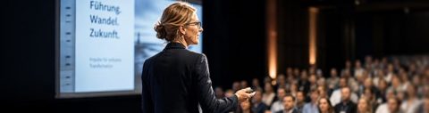 Leadership Workshop und Impulsvortrag: Frau im Business-Dress hält auf einer Bühne einen Vortrag vor großem Publikum mit Präsentation im Hintergrund