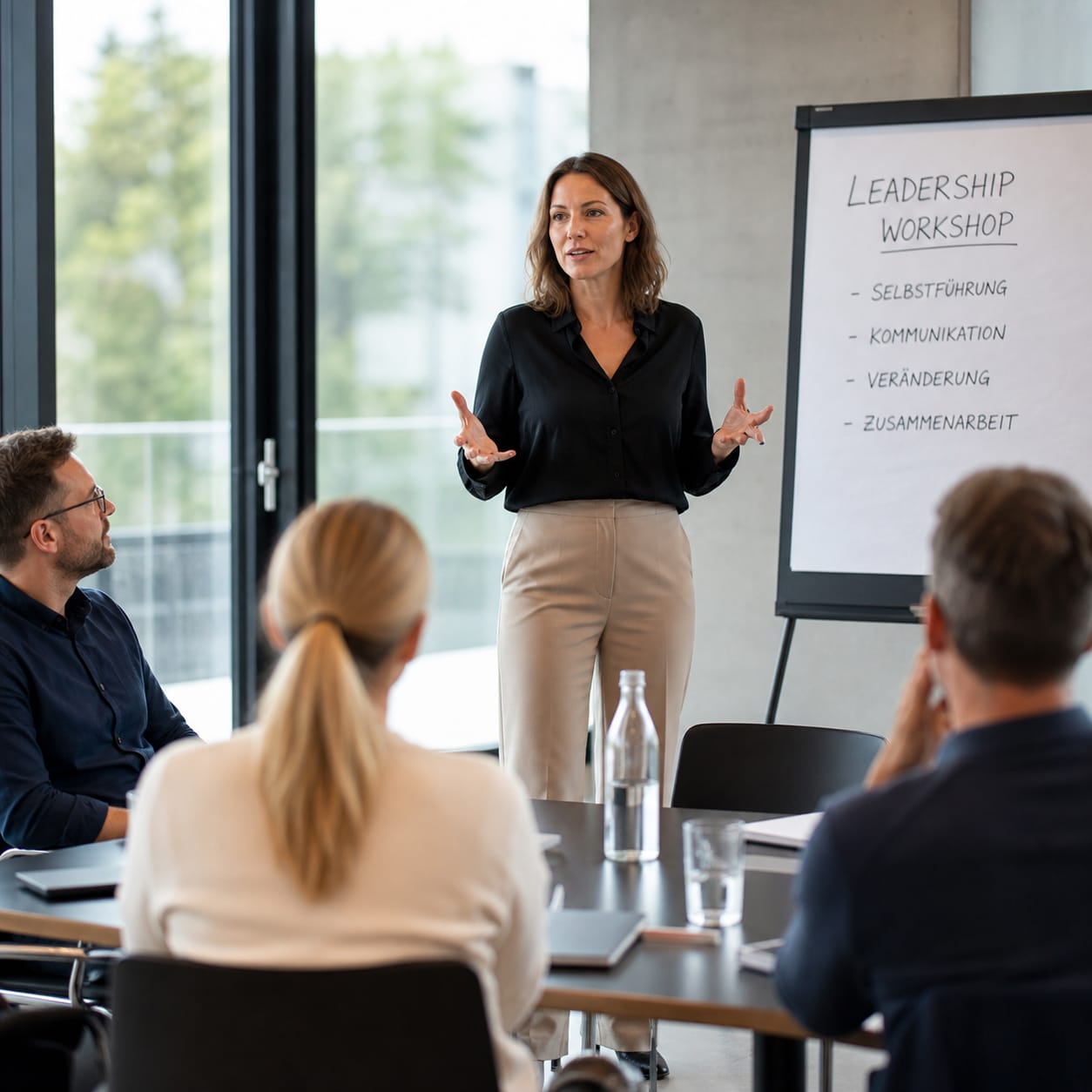 Frau in Business-Kleidung vor einem Flipchart spricht zu einer kleinen Gruppe in einem modernen Büro über praxisnahe Leadership Workshops
