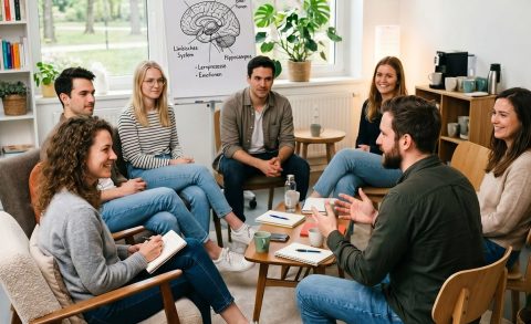Systemische Coaching-Ausbildung: angehende Coaches lernen systemisch coachen in einer Gesprächsrunde